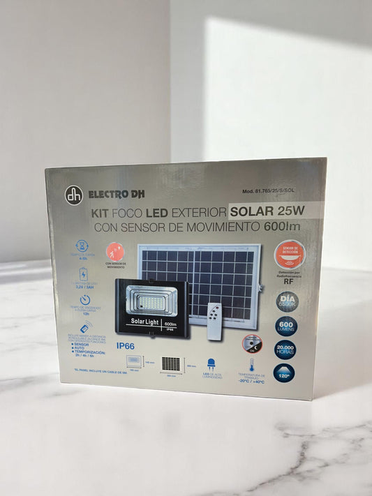 Kit foco solar LED exterior 25W con sensor de movimiento